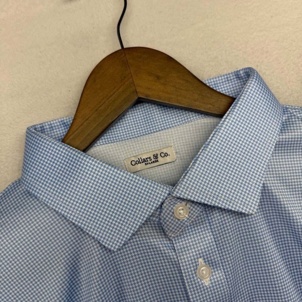 Collars Co Polo Shirt Mens 3XL Blue Dress Collar Long Sleeve Houndstooth NEW